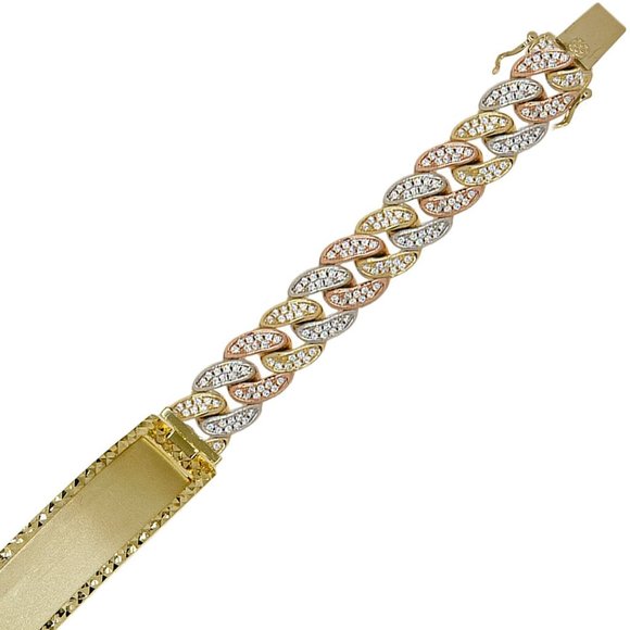 Pave CZ Miami Cuban Link Frame ID Men Bracelet 10mm Tricolor Gold - Picture 2 of 2
